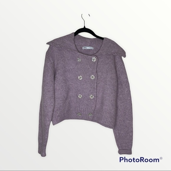 ZARA Lilac Lavender Rhinestone Button Front Sweater, Size Medium - Picture 9 of 10